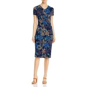 BOSS Hugo Boss Blue Multicolor Floral Midi Wrap Dress V-Neck Short Sleeve Sz M